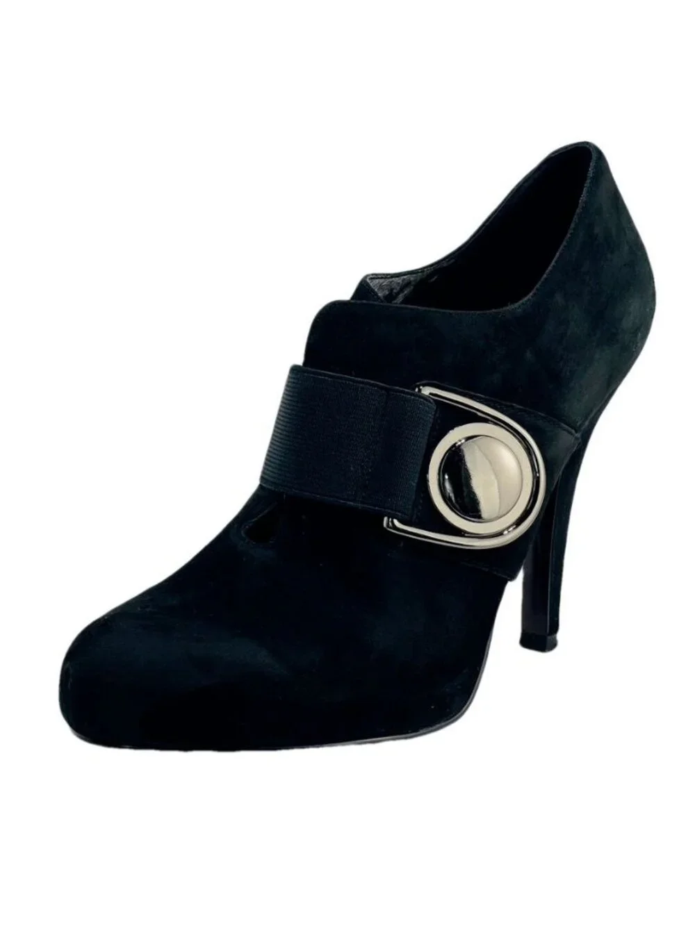 JESSICA SIMPSON Black Suede Heeled Booties With Large Buckle Accent